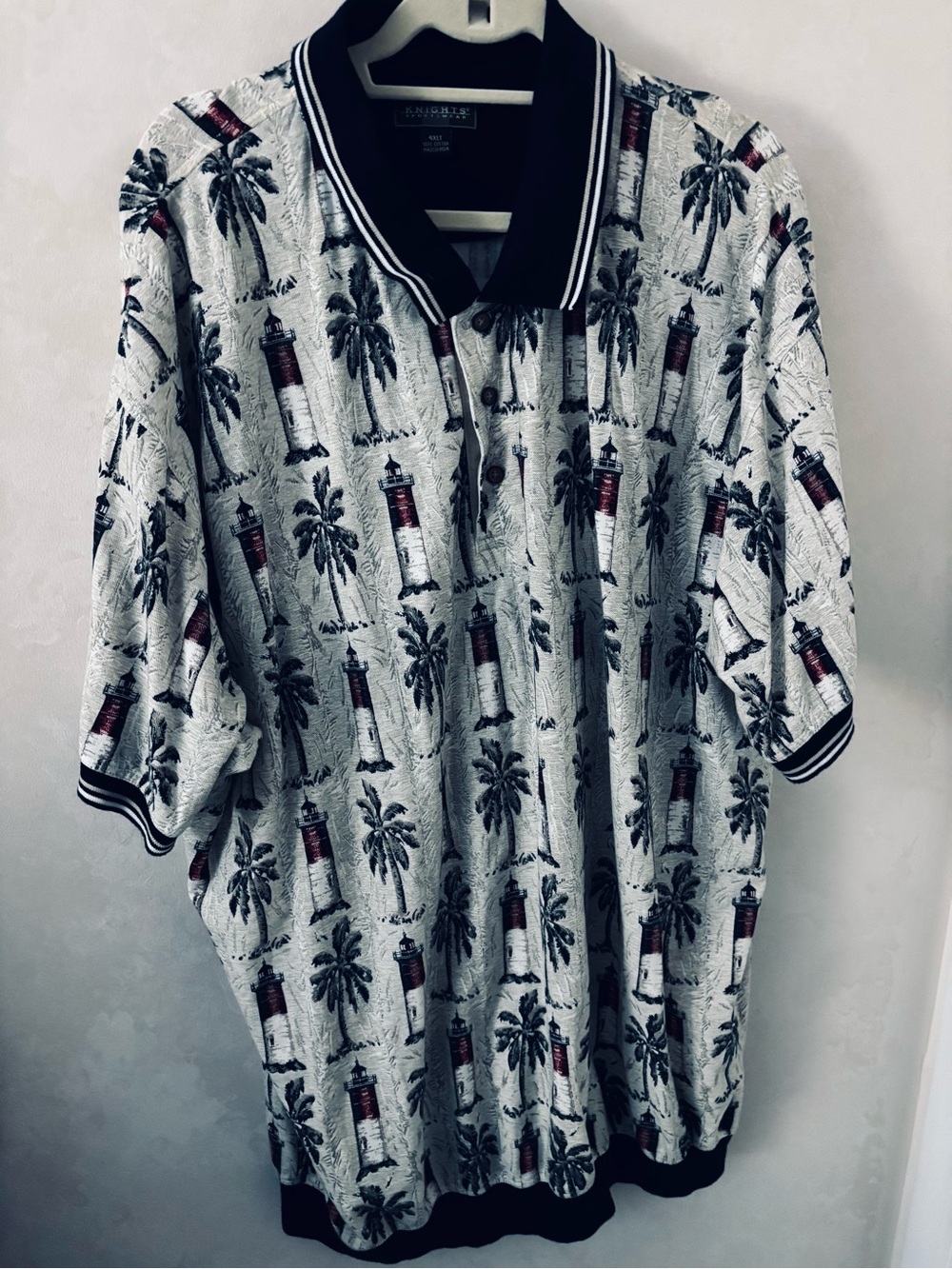 Classic White Palm Tree & Lighthouse Print Polo with Black Trim Waistband, 4XLT